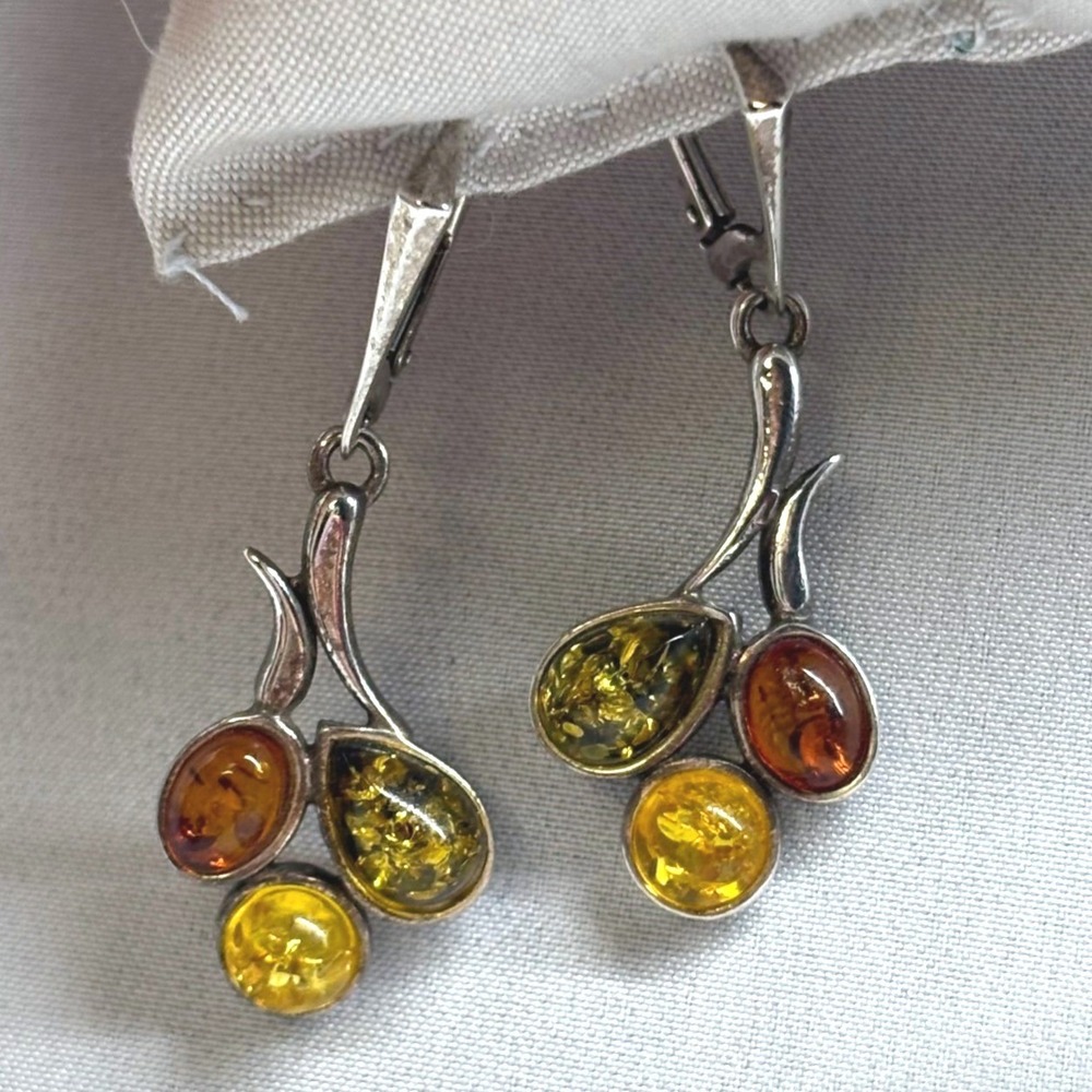 Unbranded Amber Earrings Women OS Multi Good 925 Silver Triple Stone Leverback